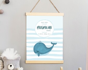 Birth poster, customizable, 20 x 30 cm or 30 x 40 cm, birth print, birth announcement, birth picture, milestone, whale, fish, blue