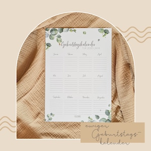 Op de afbeelding: Een printbare verjaardagskalender met een bloemenontwerp. De kalender is verdeeld in 12 maanden en heeft ruimte om namen en data in te vullen. De tekst op de kalender luidt "Geburtstagskalender fur jedes Jahr" en "ewiger Geburtstagskalender".