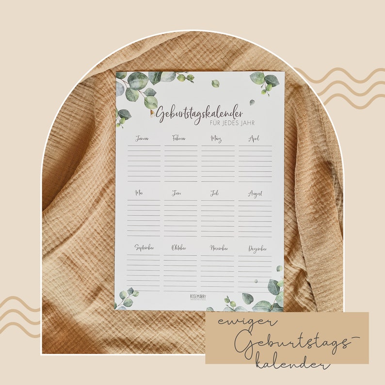 Op de afbeelding: Een printbare verjaardagskalender met een bloemenontwerp. De kalender is verdeeld in 12 maanden en heeft ruimte om namen en data in te vullen. De tekst op de kalender luidt "Geburtstagskalender fur jedes Jahr" en "ewiger Geburtstagskalender".