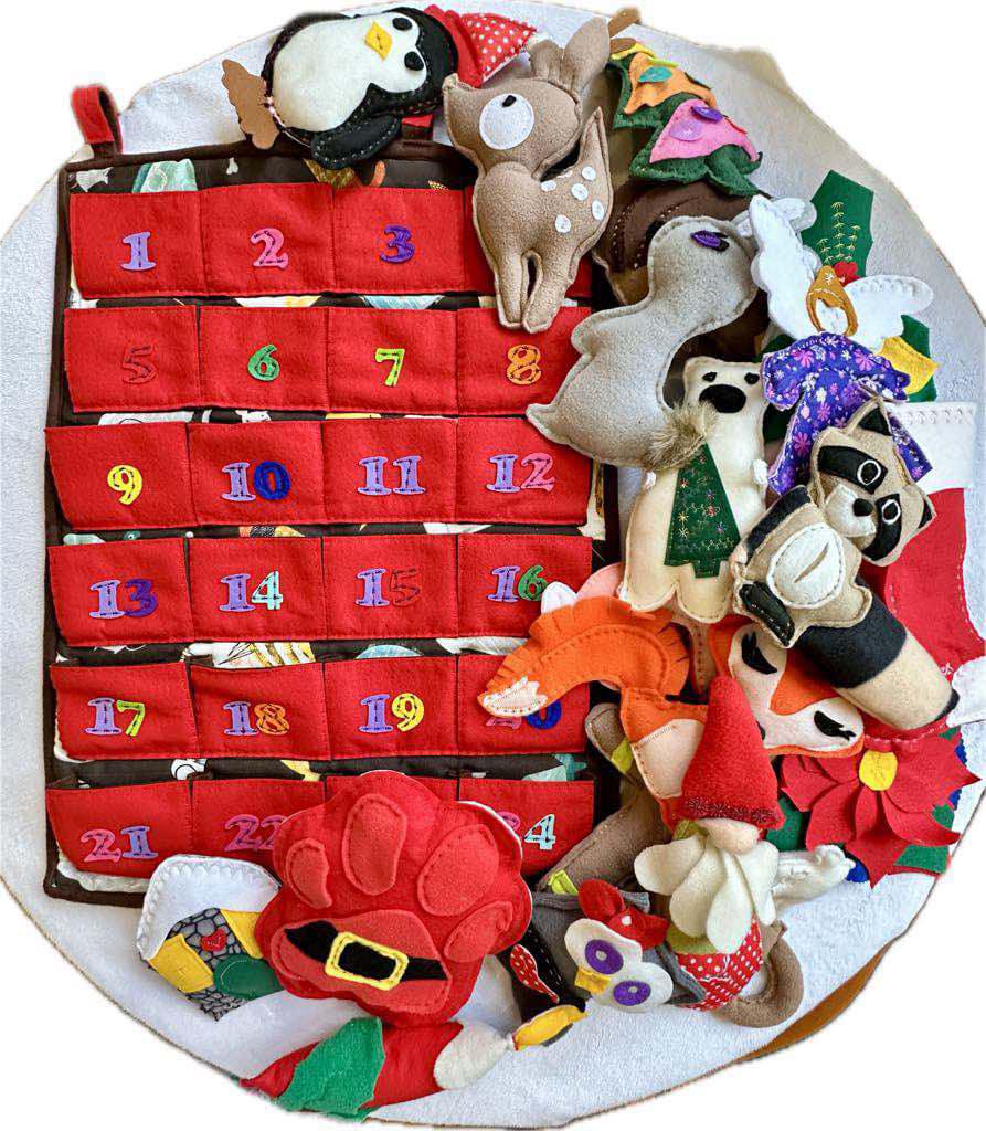 Advent calendar with pictures of toys in pockets. Set of 24 gift toys.