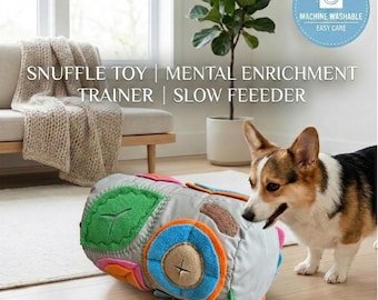 Interactive Snuffle Cylinder Dog Toy, Rolling Enrichment Puzzle, Mental Stimulation Nosework (9x7x9 in.)