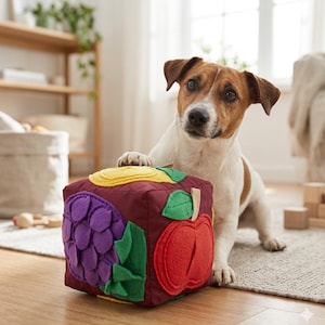 May include: A maroon fabric cube toy featuring colorful felt fruit appliques, including a purple cluster of grapes, a red apple, and a yellow citrus slice, with green leaves attached to the sides of the cube for tactile engagement.