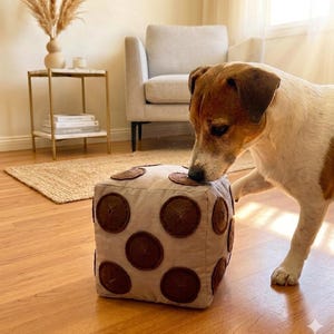Peut inclure: Un cube en tissu beige orné de patchs en feutre circulaires marron foncé sur ses faces. Le cube a la forme d'un dé et un chien blanc et marron interagit avec lui en touchant la surface supérieure avec sa patte avant.
