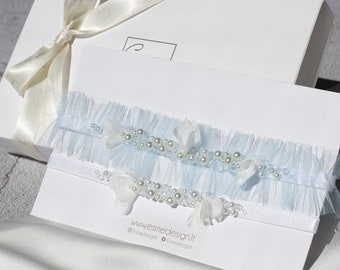 Blue Tulle Wedding Garter Set, Bridal garter with pearls