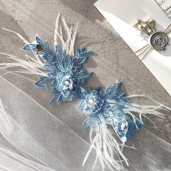 Jarretière de mariée bleue avec plumes, jarretière de mariée en dentelle bleue