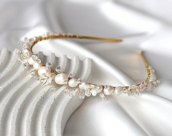 Ivory flower and pearls wedding tiara, Wedding headband with pearls and crystals