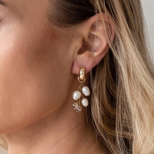 Modern hoop earrings with freshwater pearls and Crystals, Bridal pearl earrings