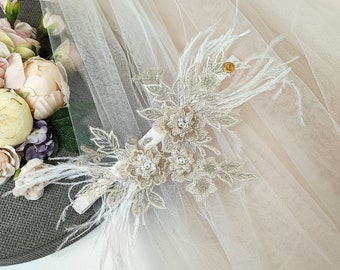 Bruiloft kousenband met veren, Lace bloem bruids kousenband