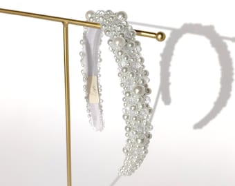 Serre-tête de mariage blanc avec perles de verre, diadème de mariée en perles