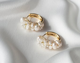 Wedding earrings with pearls and flowers, Hoop earrings with pearls