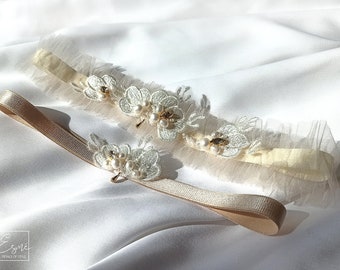 Champagne Tulle Wedding Garter Set, Lace Bridal Garter Set