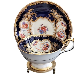 Aynsley Aristocrat 7700 Cobalt Blue Handpainted Bone China Teacup and Saucer Made in England