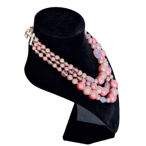 Pink Purple Variegated Beaded 3 Strand Necklace S… - image 3