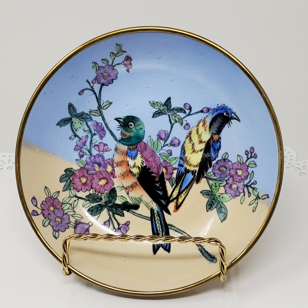 Porcelain Hand Painted Chinoiserie Style Birds Cherry Plum Blossom Wall