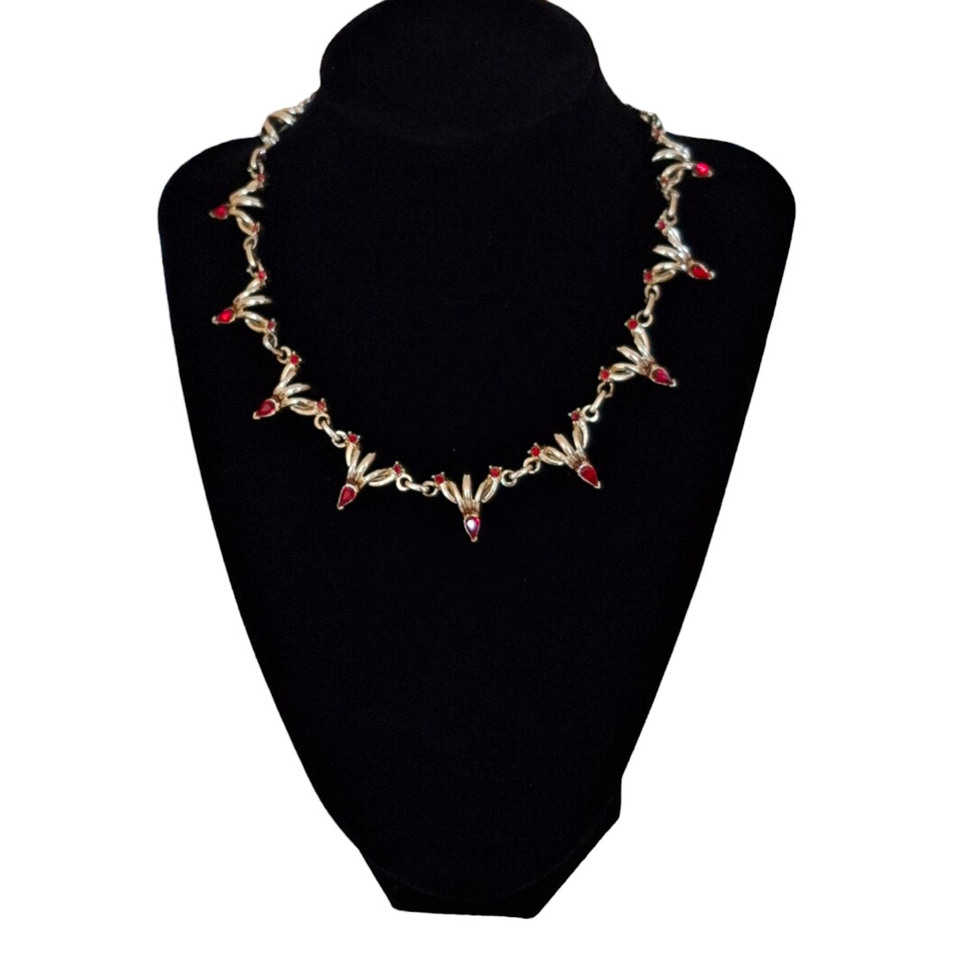 Duane Signed Gold Tone Red Rhinestone Statement Choker Necklace Vintage