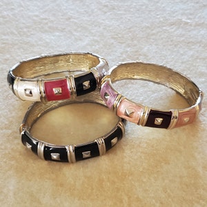 3 Vintage Gold Tone Enamel Hinged Multicolor Clamper Bangle Bracelets Set of 3