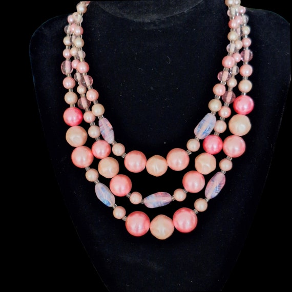 Pink Purple Variegated Beaded 3 Strand Necklace S… - image 2