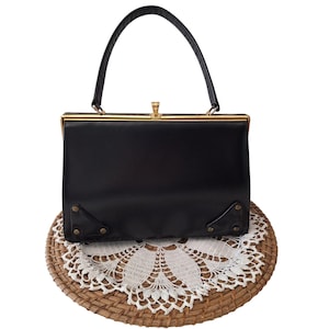 Vintage Mid-Century Structured Black Top Handle Handbag with Gold-Tone Frame Snap Closure