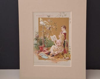 Antique 1890s McLaughlin's Coffee Trade Card Victorian Children Cockatoo 8"x10" Mat