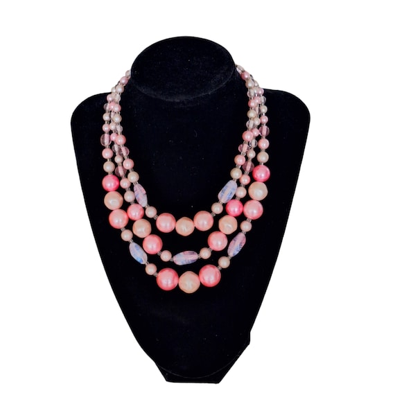 Pink Purple Variegated Beaded 3 Strand Necklace S… - image 1