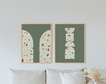 Terrazzo Printable Wall Art Set, Set of 2 Prints, Downloadable Gallery Wall Set, Boho Decor, Green and Terracotta, 2 Piece Print Set