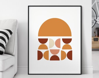 Mid-Century Modern Wall Art,  Graphic Sun Print, Yellow, Pink, and Red Semi-Circles, Ochre Digital Print, Downloadable, PRINTABLE Wall Art