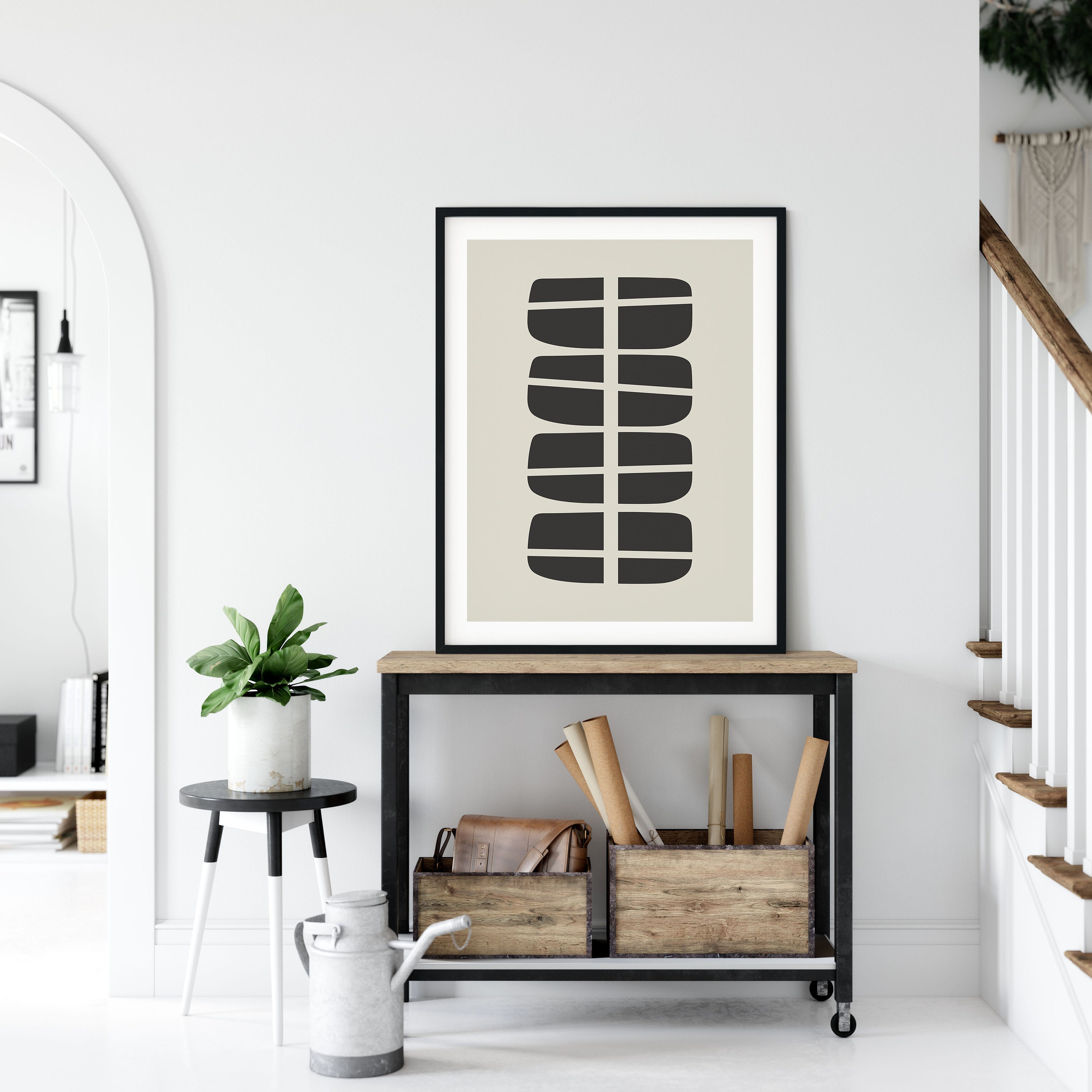 Mid-century Modern Geometric Print Black & Beige Abstract Art - Etsy