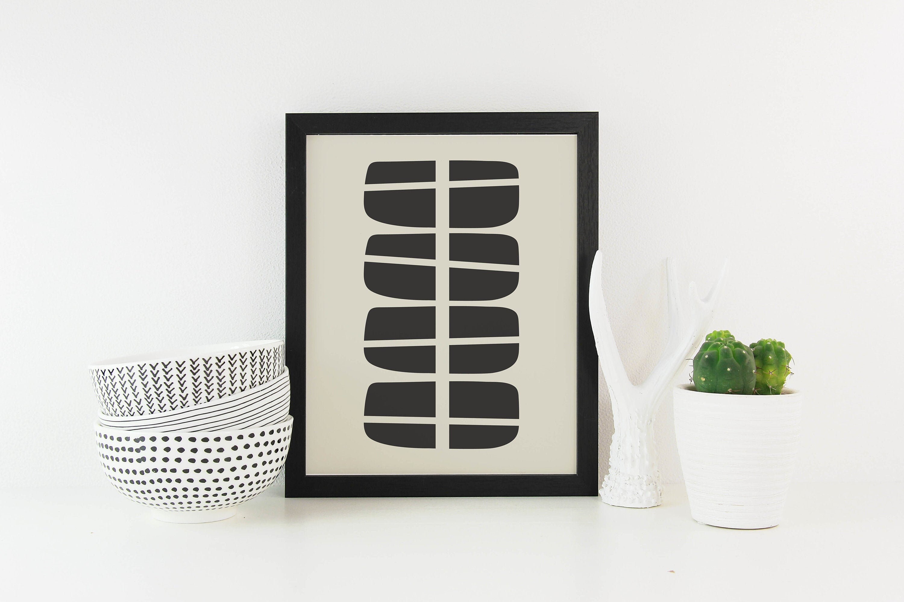 Mid-century Modern Geometric Print Black & Beige Abstract Art - Etsy