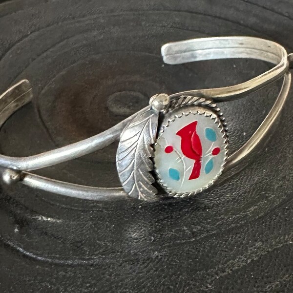 Old Pawn Zuni Coral Mother Of Pearl Inlay Sterling Silver Cardinal Cuff Bracelet