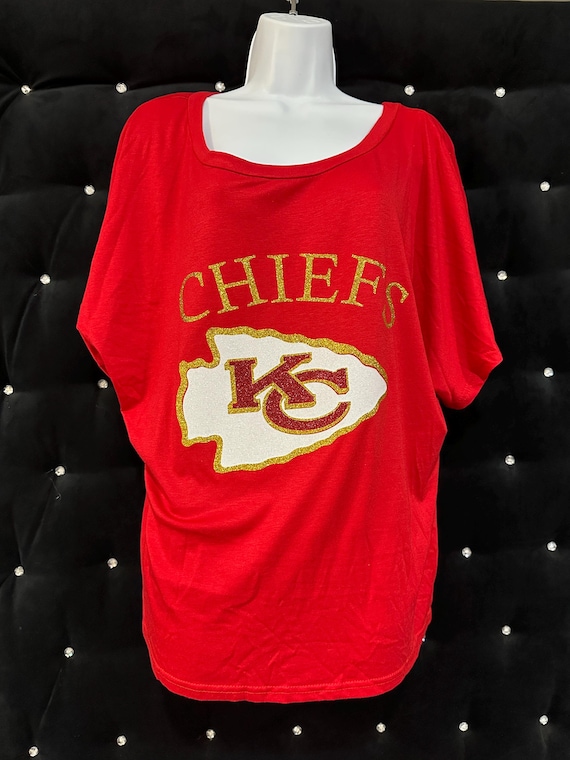 Red KC Chiefs Glitter Shirt Loose Fit Asymmetric Neck Batwing