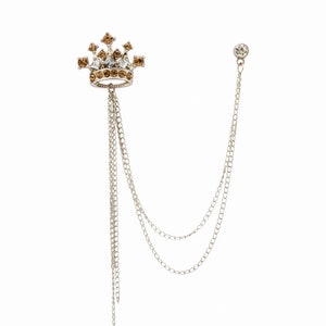 Crown Stone with Hanging Chain Lapel Pin,Costume Pin Badge Coat Suit Wedding Gift Party Shirt Collar Accessories Brooch for Men (Champagne)