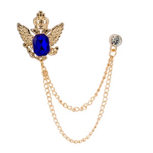Crowned Blue Stone with Hanging Chain Lapel Pin Badge Coat Suit Collar Accessories Brooch for Men