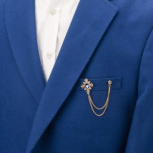 Royal Blue Shimmer Stone Hanging Chain Lapel Pin,Badge Coat Suit Wedding Gift Party Shirt Collar Accessories Brooch image 2