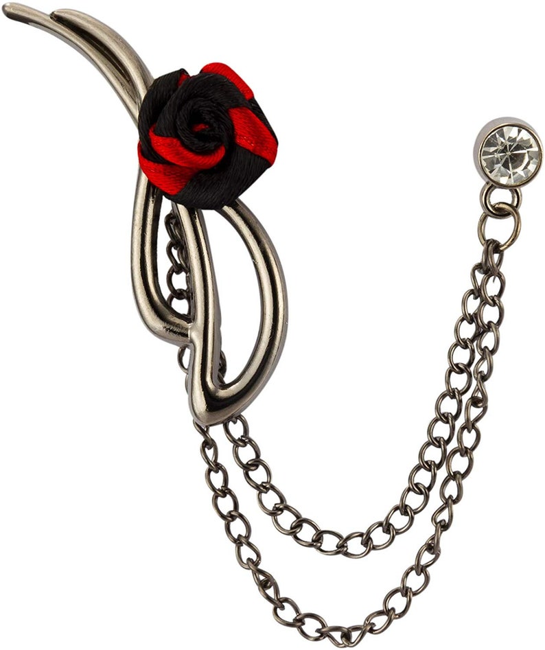 Red and Black Rose with Silver Bow Metal Ribbon Detailing Lapel Pin,Badge Coat Suit Wedding Gift Party Shirt Collar Accessories Brooch