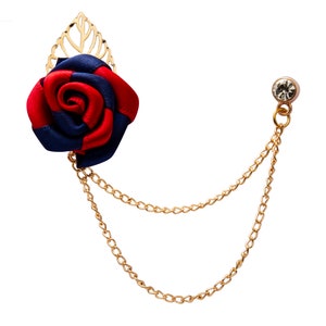 Red and Blue Rose With Gold Leaf and Hanging Chain Lapel Pin,Badge Coat Suit Wedding Gift Party Shirt Collar Accessories Brooch for Men