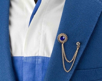 Knighthood Crowned Blue Stone with Hanging Chain Golden Lapel Pin Badge Coat Suit Jacket Wedding Gift Party Shirt Collar Accessories Brooch for Men
