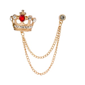 Golden Crown With Red Stone and Hanging Chain Lapel Pin,Badge Coat Suit Wedding Gift Party Shirt Collar Accessories Brooch for Men