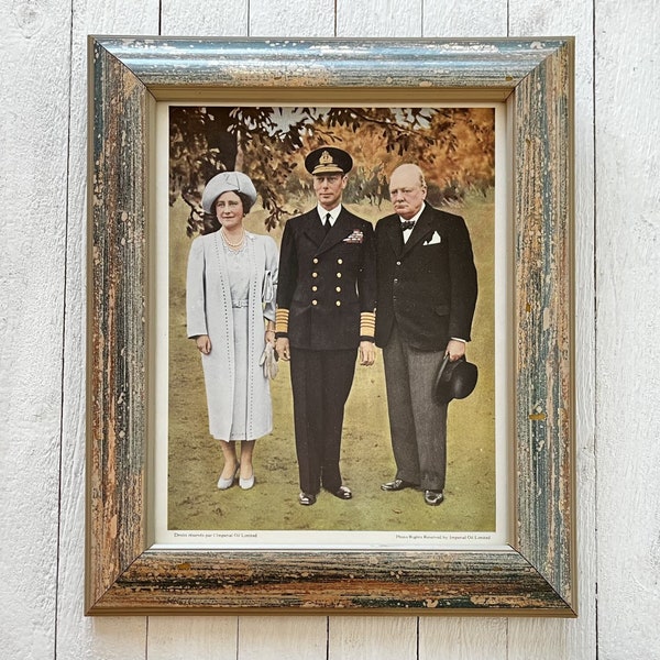 Vintage 1940's Framed Print, Winston Churchill, King George VI & Queen Elizabeth at Buckingham Palace, Royal Ephemera