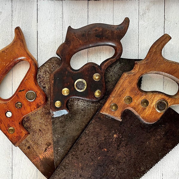 Antique Large Hand Saws, Rustic Wood Handles with Makers Medallions, Industrial Style Decor, Woodworking Salvage Hardware, Choose from List