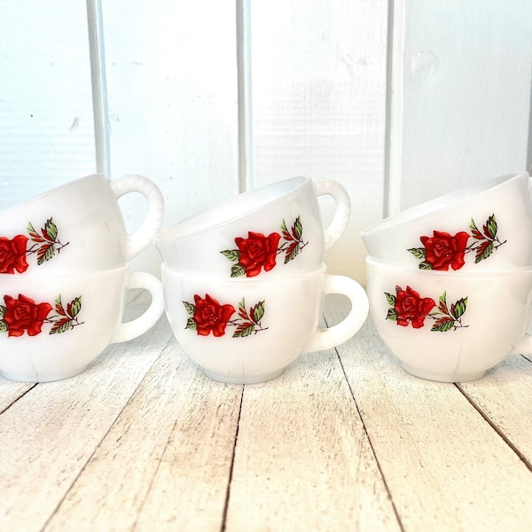 Set of 6 Vintage Mid-Century Milk Glass Teacups with Roses, Red & White Farmhouse, 1950's Kitchen Decor