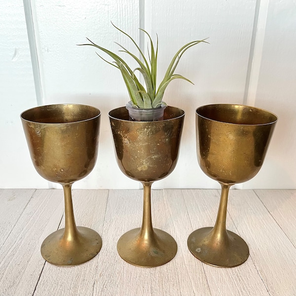 Set of 3 Antique Solid Brass Interpur Chalices, Wine Glasses, Goblets, Cups, Farmhouse Kitchen Decor, Air Plant Holders