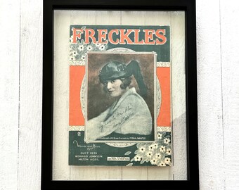 Antique 1919 'Freckles' Art Deco Sheet Music Ephemera, Vintage Lady Portrait, Wall Decor