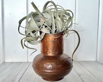 Antique Hammered Copper Pitcher, Brass Handle, Primitive Flower Vase, Air Plant Holder, Vintage Farmhouse Kitchen Decor