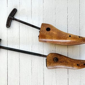 Pair of Child Size Antique Wood and Steel Manual Shoe Forms, Stretcher, Tree, Vintage Primitive Farmhouse Decor