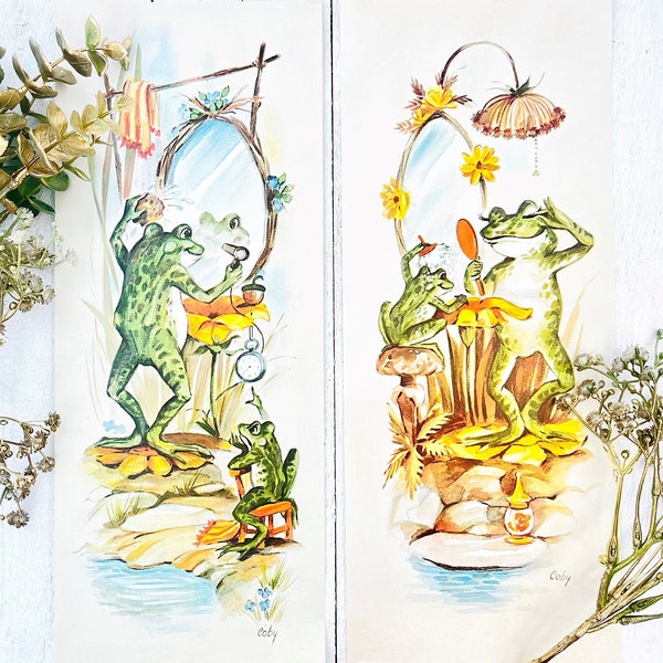 Set of 2 1970's 'Pampering Frogs' Lithograph Art Prints by Coby, Scada-Tornabene Art Co., Vintage Farmhouse Bathroom, Woodland Decor