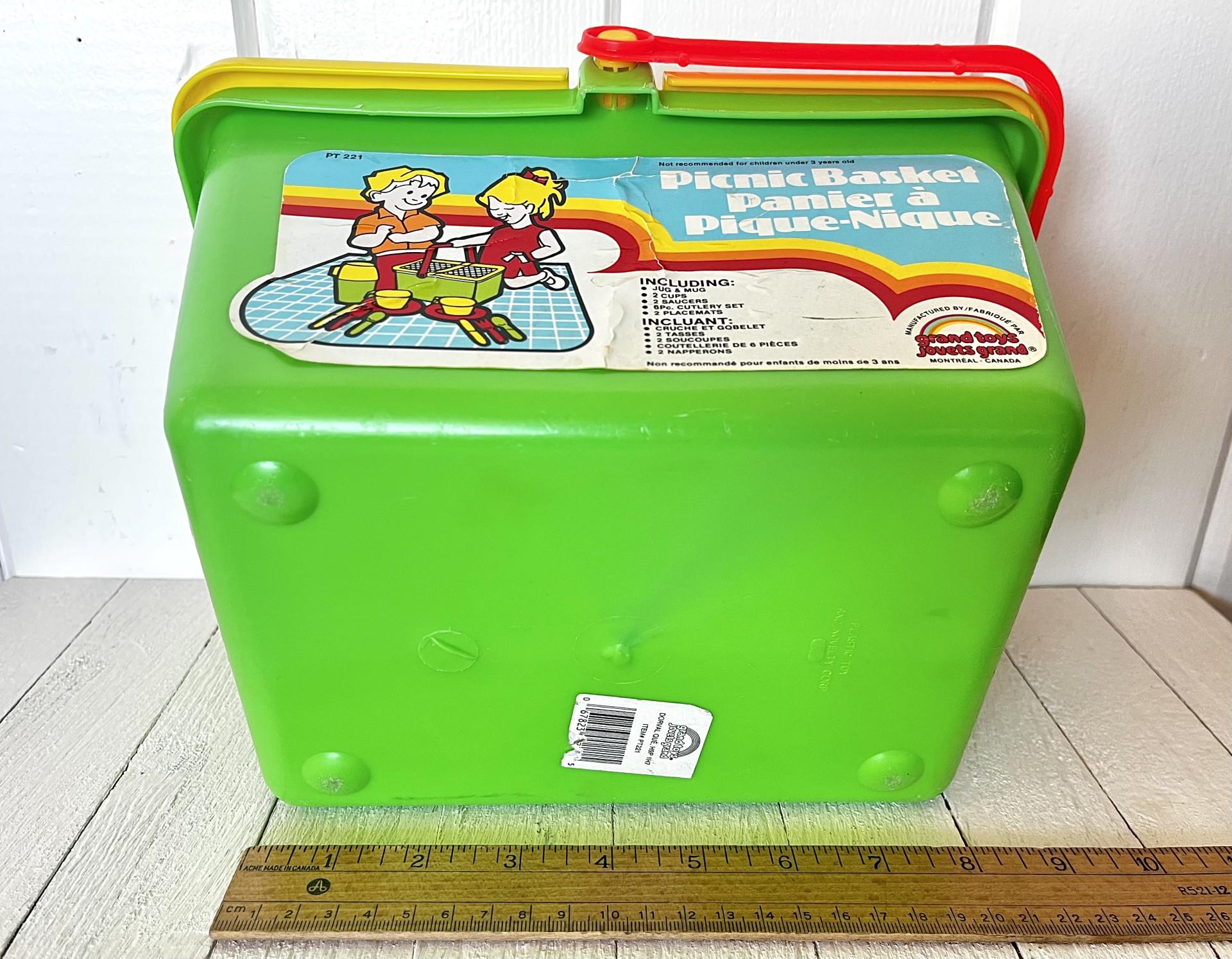 Vintage 1990's Children's Plastic Picnic Basket and Dishes