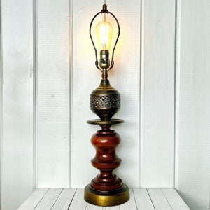 Vintage Mid-Century Wood and Brass Table Lamp