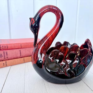 Vintage Ceramic Swan Planter, Red & Black Pottery, Mid-Century Decor