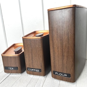 Vintage Mid-Century BeautyWare Tin Canisters (Set of 3), Flour, Tea & Coffee, Wood and Copper