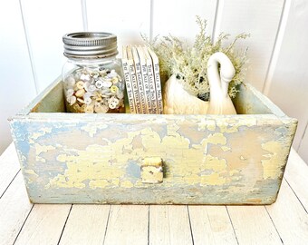 Primitive Farmhouse Kitchen Wooden Drawer, Chartreuse, Sky Blue & Peach Chippy Paint, Vintage Display Decor